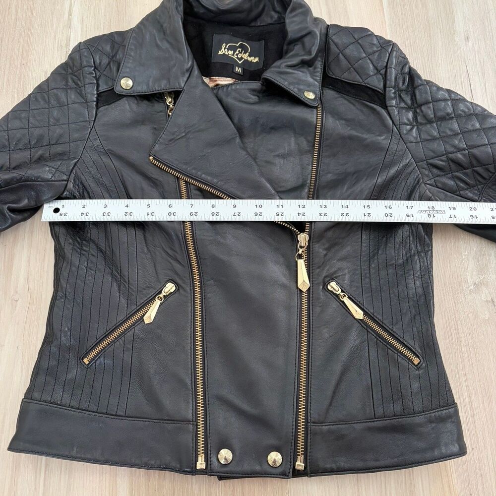 SAM EDELMAN Womans Black Leather Moto Jacket Gold Zipper Coat Jacket Size Medium - Picture 6 of 9